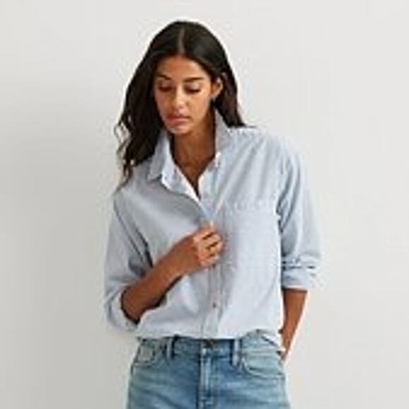 Eddie Bauer Tops - Eddie Bauer Women's Cedar Crinkle Cotton Button Down, 2XL, green/white, classic